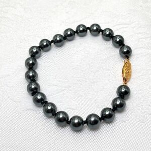 Vintage Knotted Black Faux Pearl 8 mm Beaded Bracelet w/ Fish Hook Clasp